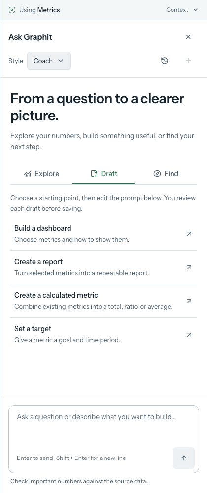 Draft starters prepare editable prompts. Review the proposed work before saving. Draft starting points in Ask Graphit