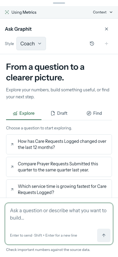 Explore, Draft, and Find remain available on a phone. The composer stays within reach. Ask Graphit on a phone with task tabs and a message composer