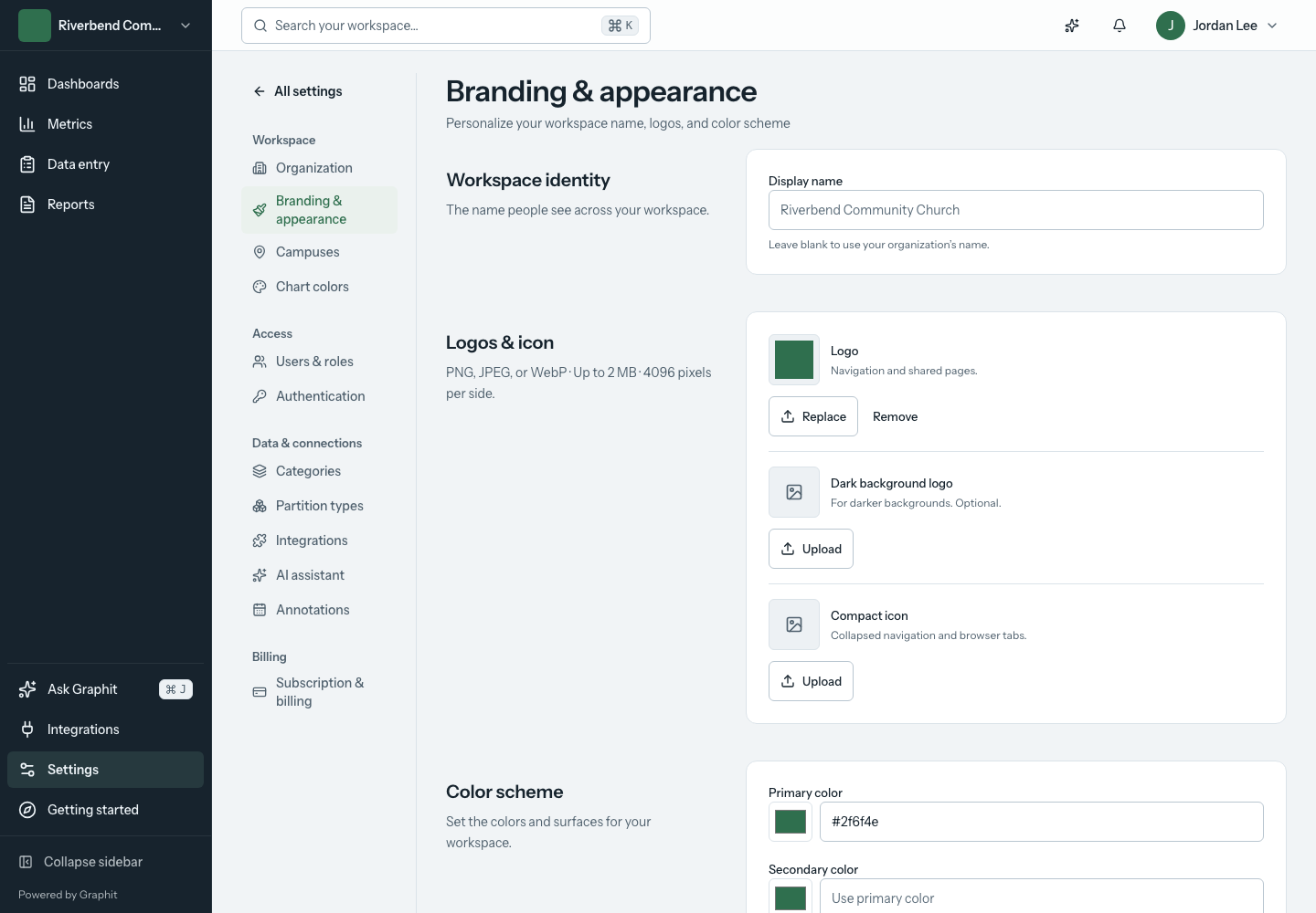 Edit your workspace identity and review appearance changes before saving. Branding settings for display name, logos, and workspace colors