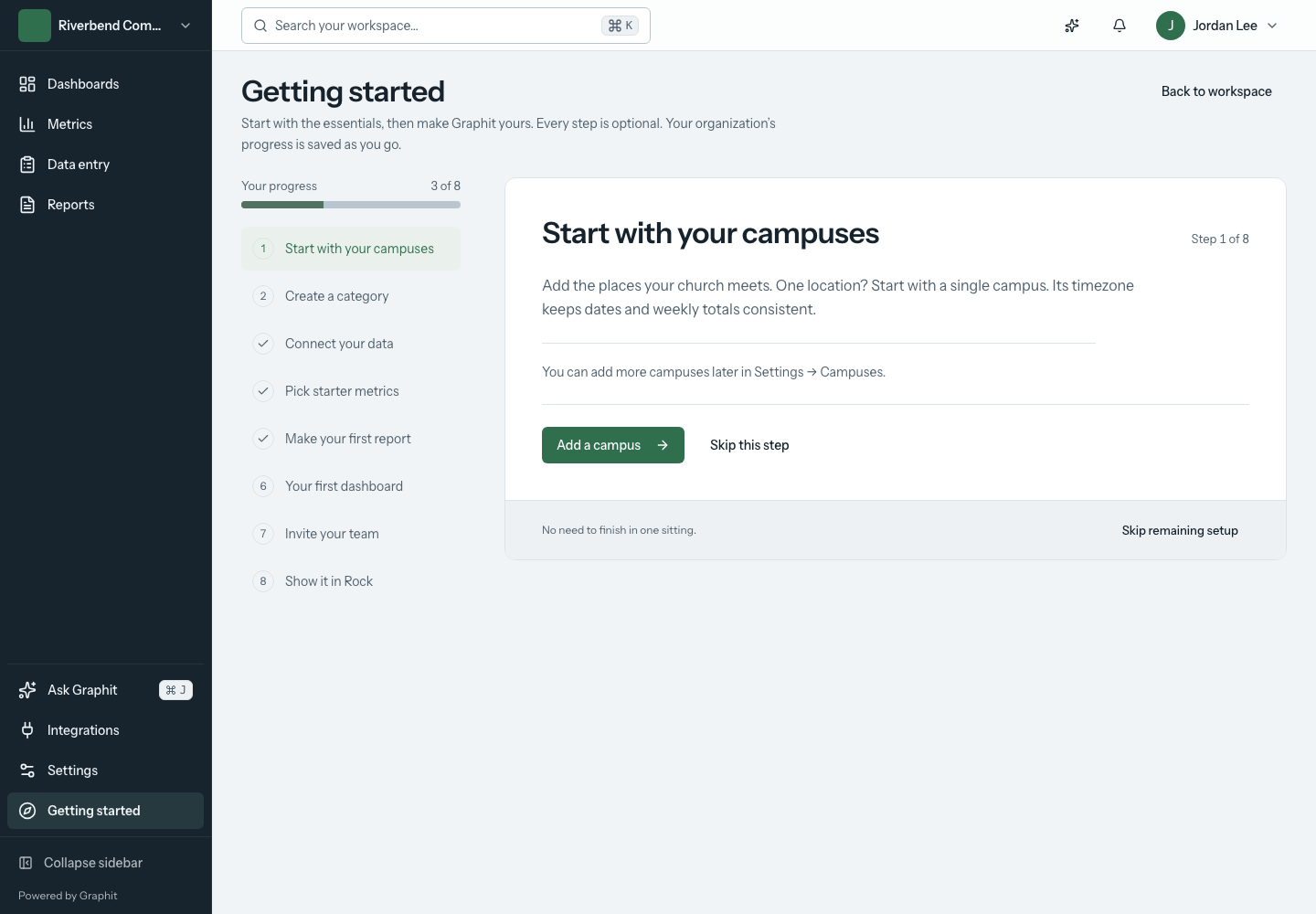 Work through one setup task at a time. Your workspace keeps its progress. Workspace setup with a step list and a focused campus setup panel