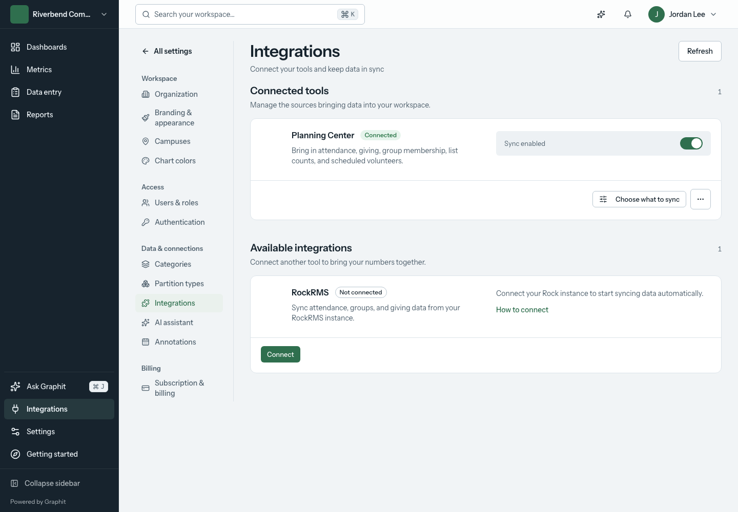 Choose Connect on the RockRMS card. This demonstration workspace also has a Planning Center connection. Graphit's Integrations page with Connect and How to connect on the RockRMS card