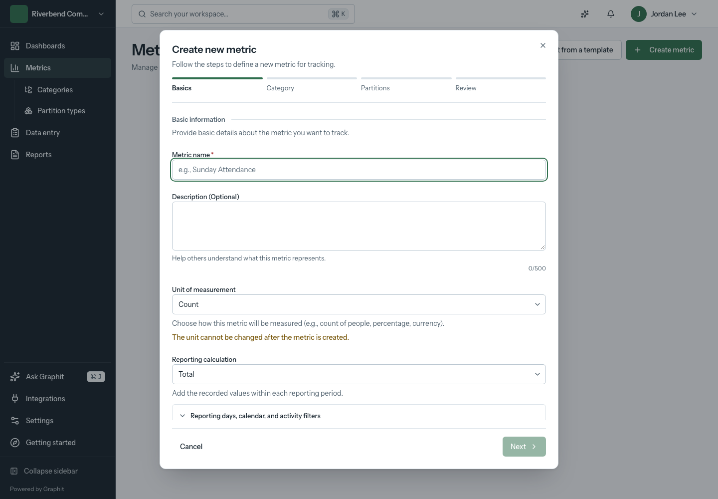 Review the metric definition before creating it. Create new metric dialog with four setup steps