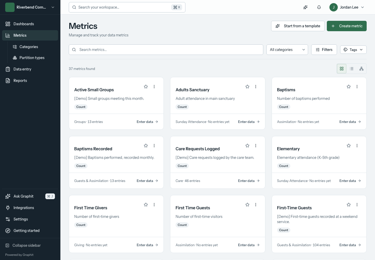 Use the metrics library to find and organize measurements. All screenshots in this guide show the fictional Riverbend demonstration workspace. Graphit's metrics library showing measurement names, category filters, and search