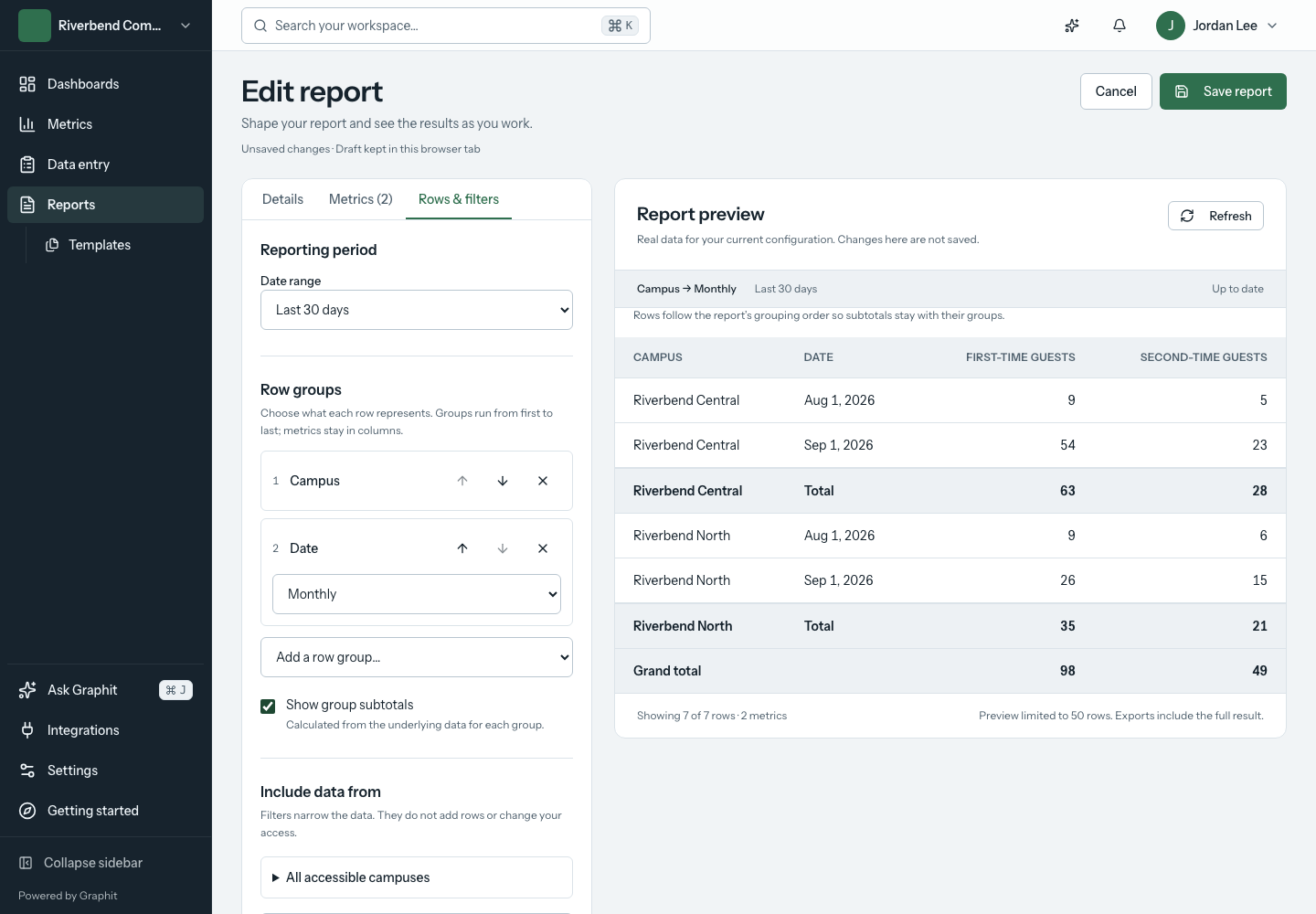 Move between Details, Metrics, and Rows & filters while checking the result. Save report keeps the complete definition. Report workspace with configuration sections beside a live data preview