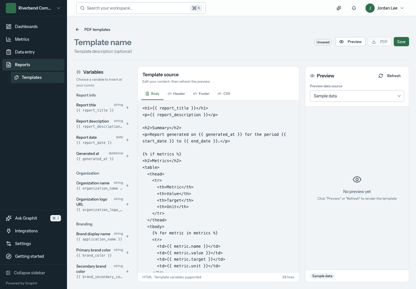 Insert variables into the source, then use Preview or Refresh to check the rendered layout. PDF template editor with variables, source, and preview