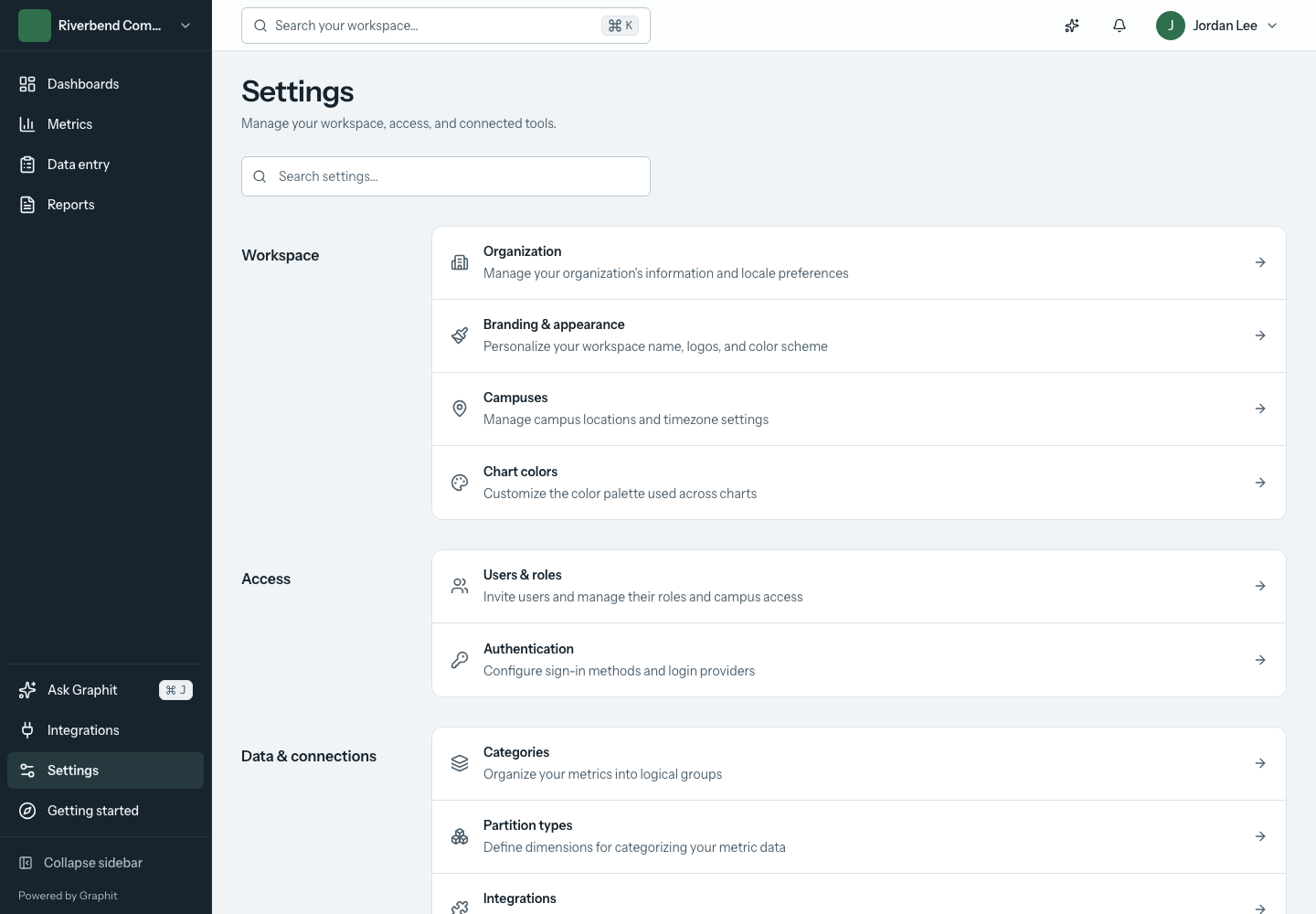 Use the settings directory to find workspace, access, data, and billing controls. Workspace settings grouped by task